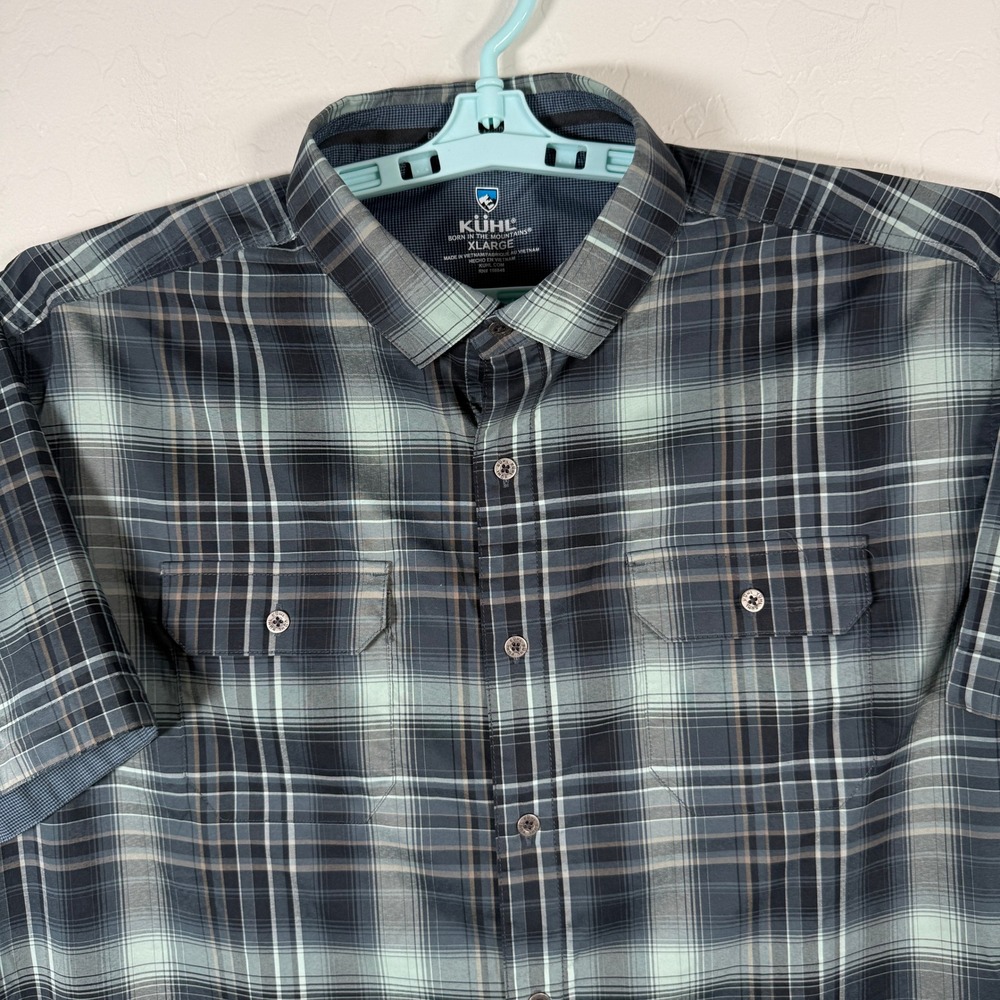 KUHL Shirt Mens XL Blue Button Up Outdoor Hiking Response Plaid Pockets